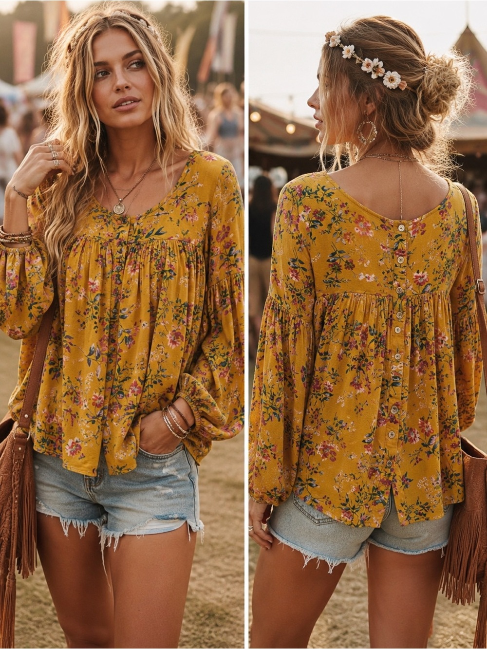 Altar’d State Mustard Yellow Floral Babydoll Blouse Medium Boho Button Back